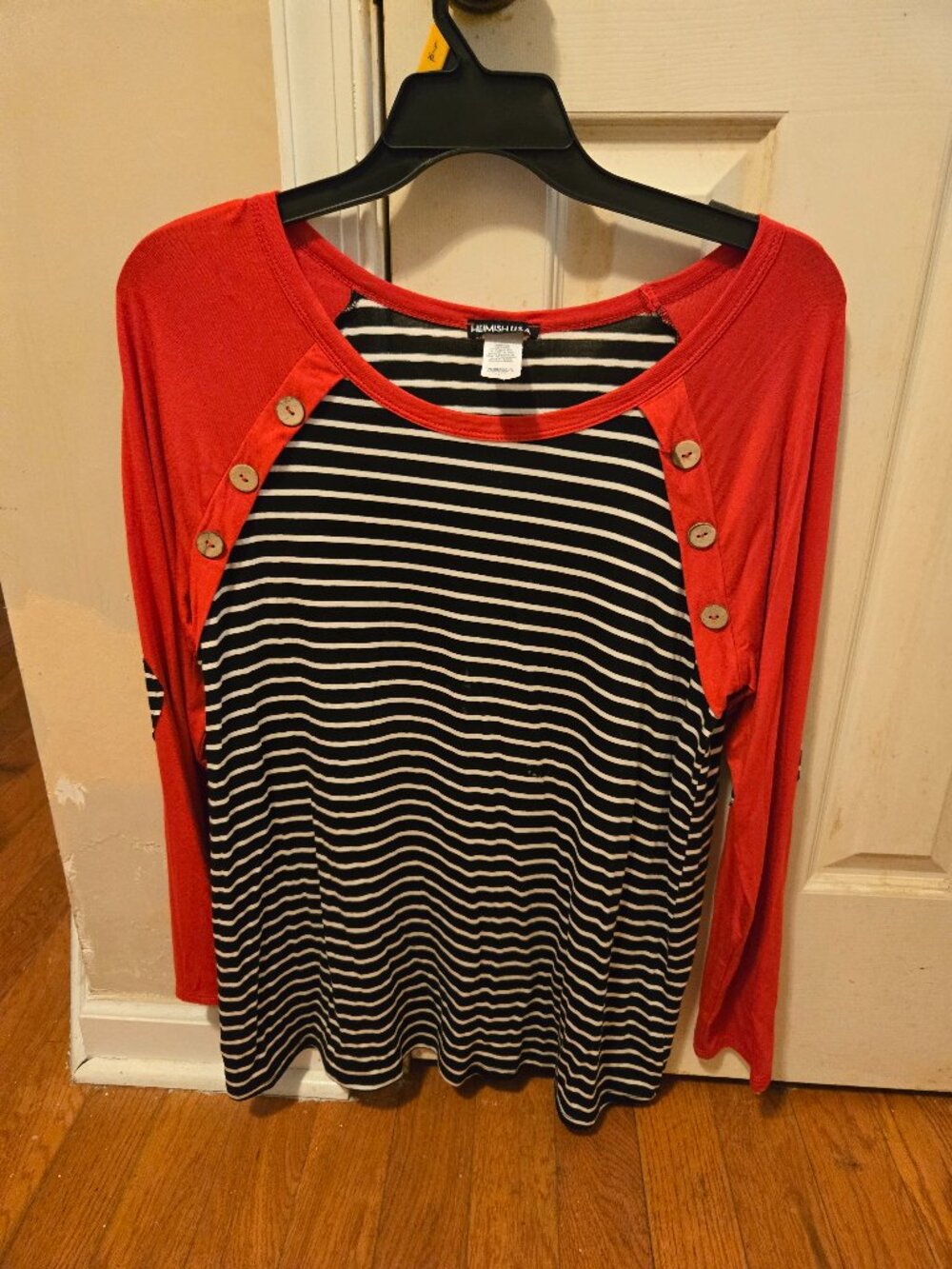 Heimish L red with black/white stripes long sleeve tee